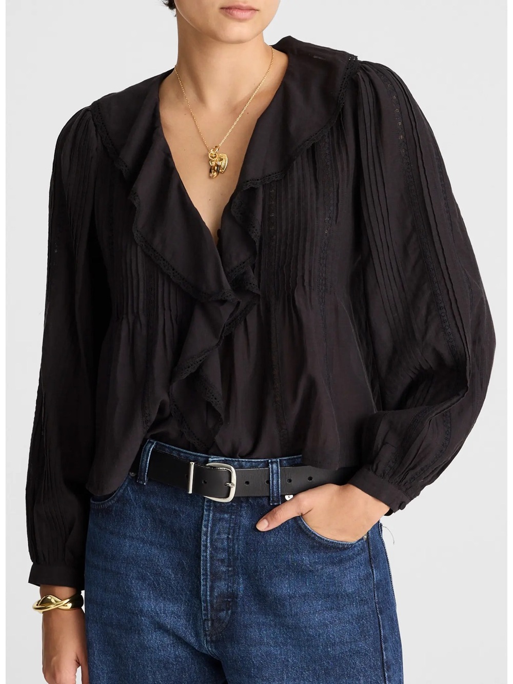 Madewell Lace-Insert Ruffled Pintuck Long-Sleeve Top Size Large